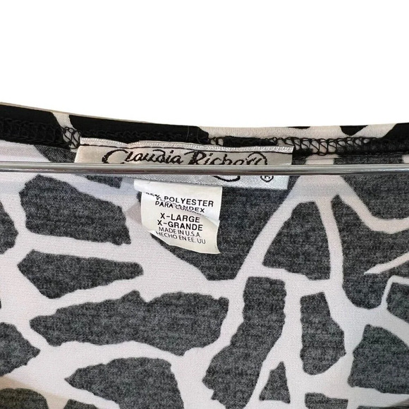 Claudia Richard Black and White Blouse XL Abstract Animal Print Layered Sleeves - Picture 6 of 6